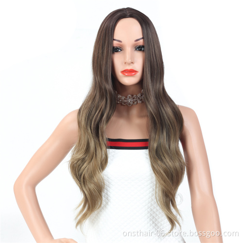 Long Peruvian Body Wave Wigs Ombre Black Brown Blonde Synthetic Wig Cosplay Middle Part Natural Heat Resistant Wig for Women